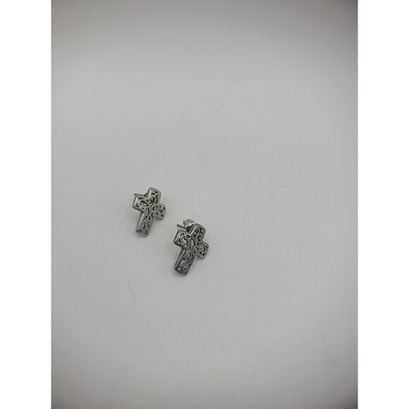 Vintage Earrings Pierced Post Stud Cross Cutout Silver Tone Jewelry Costume - Picture 10 of 12